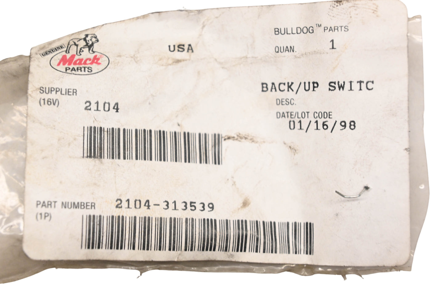 Mack 2104-313539 Back Up Switch NOS