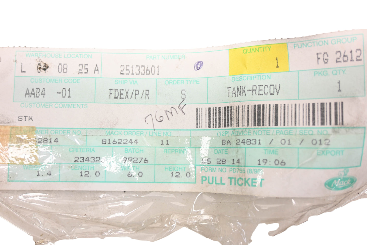 Mack 25133601 Coolant Recovery Tank NOS
