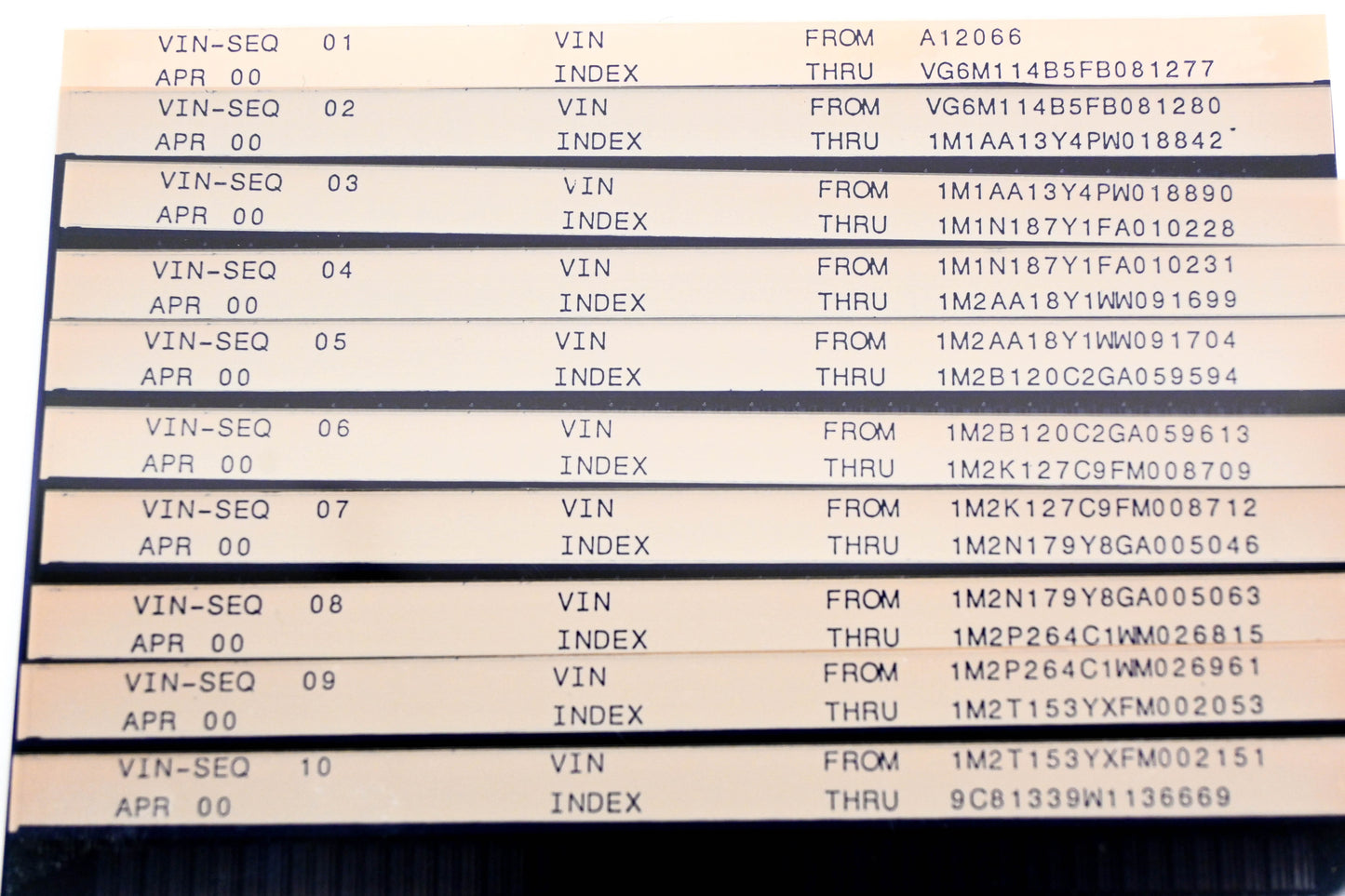 Mack VIN-SEQ 01, VIN-SEQ 02, VIN-SEQ 10 Vin Index A12066 - 9C81339W11366 Microfiche Lot of 10 NOS