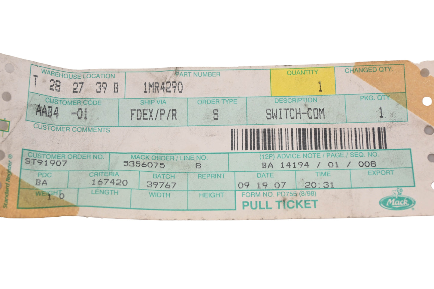 Mack 1MR4290 Signal-Stat Switch Assembly NOS