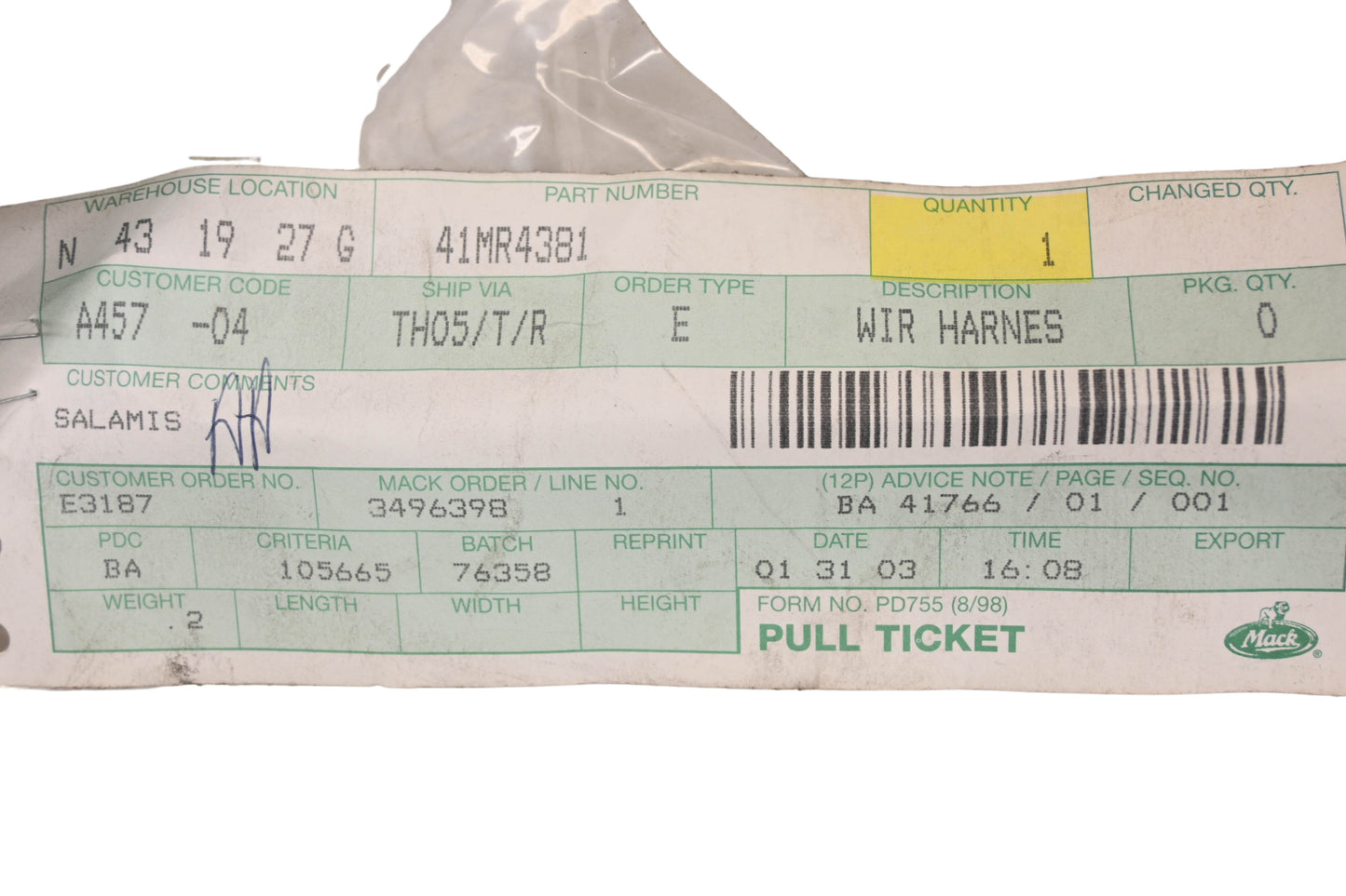 Mack 41MR4381 Engine Brake Wiring Harness NOS