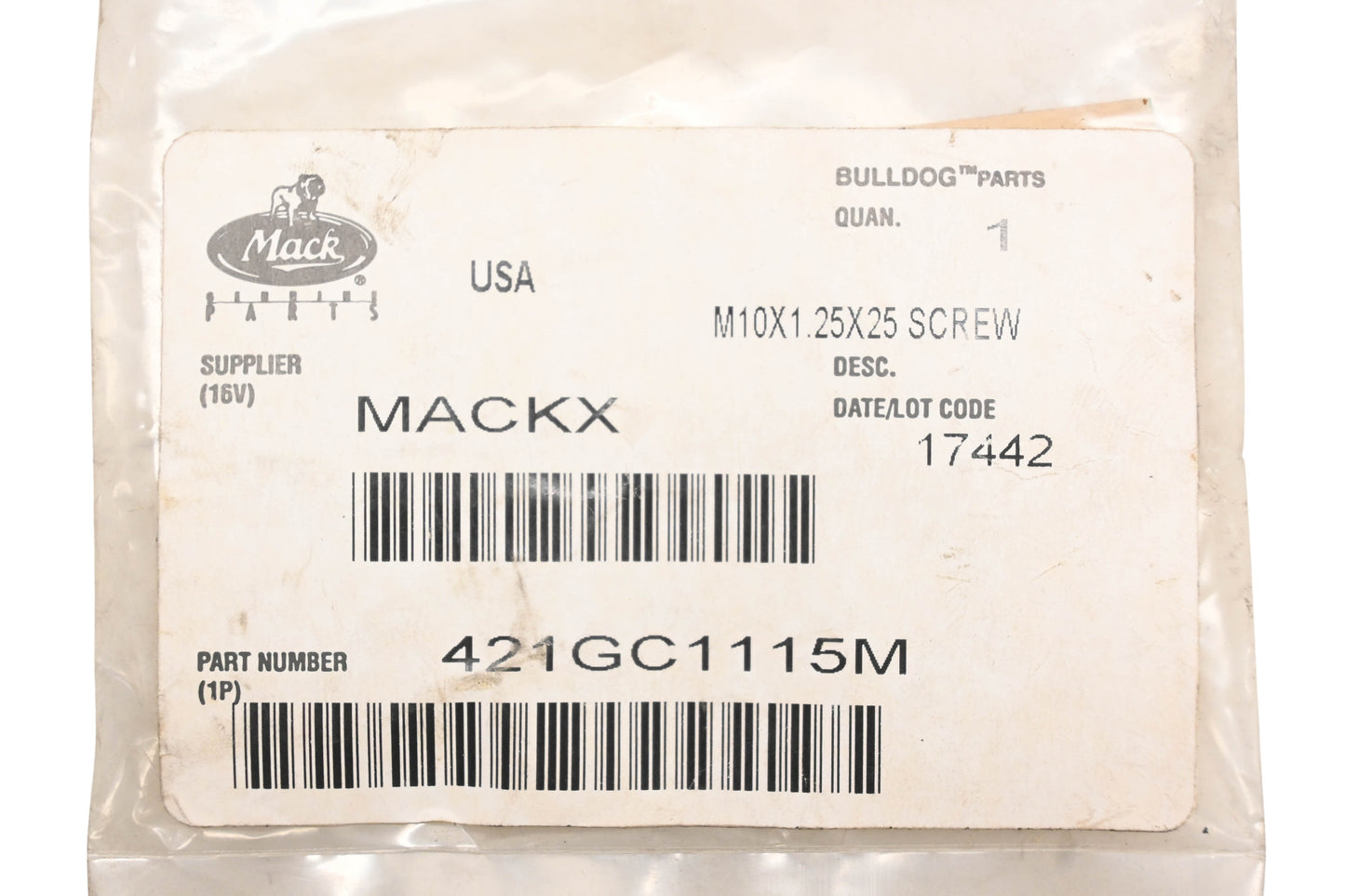Mack 421GC1115M Screw M10x1.25x25mm NOS