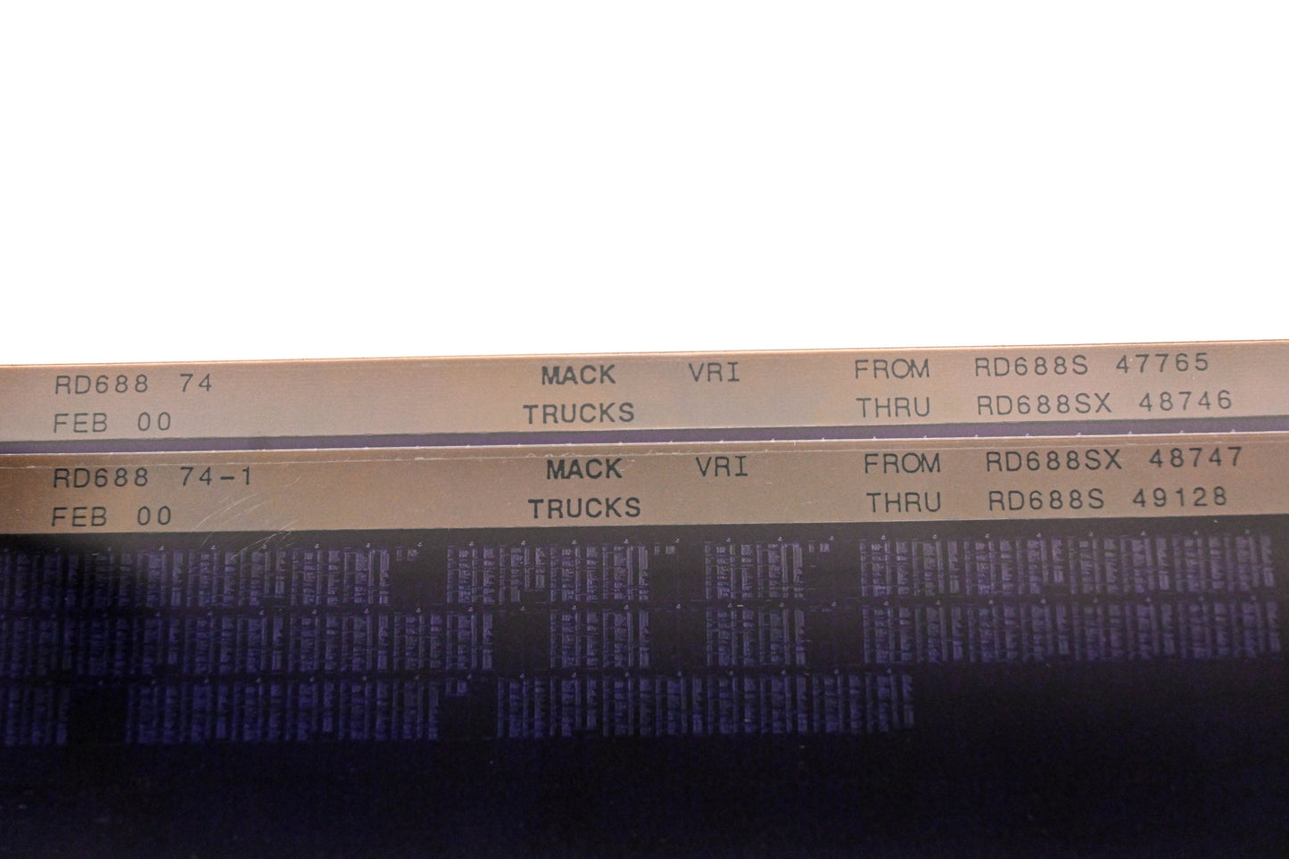 Mack RD688 74, RD688 74-1 RD688S47765 - RD688S49128 VRI Microfiche Lot of 2 NOS