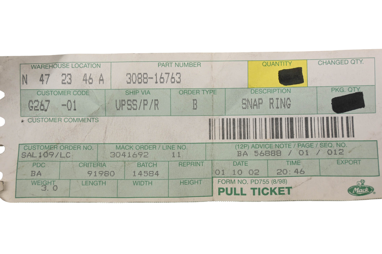 Mack 3088-16763 Snap Ring NOS