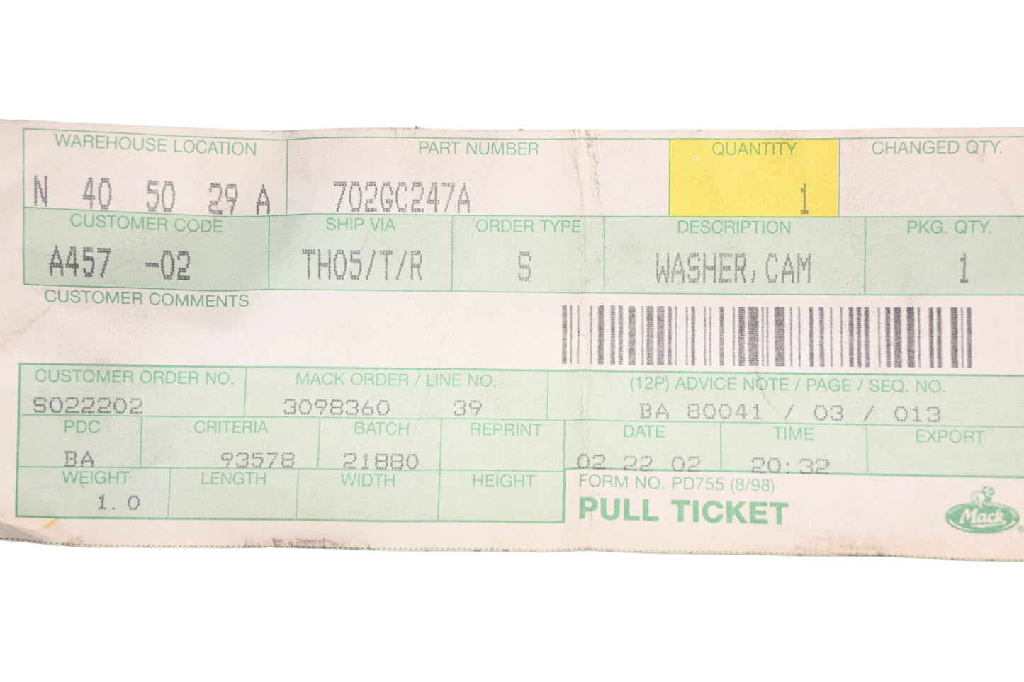 Mack 702GC247A Camshaft Thrust Washer NOS