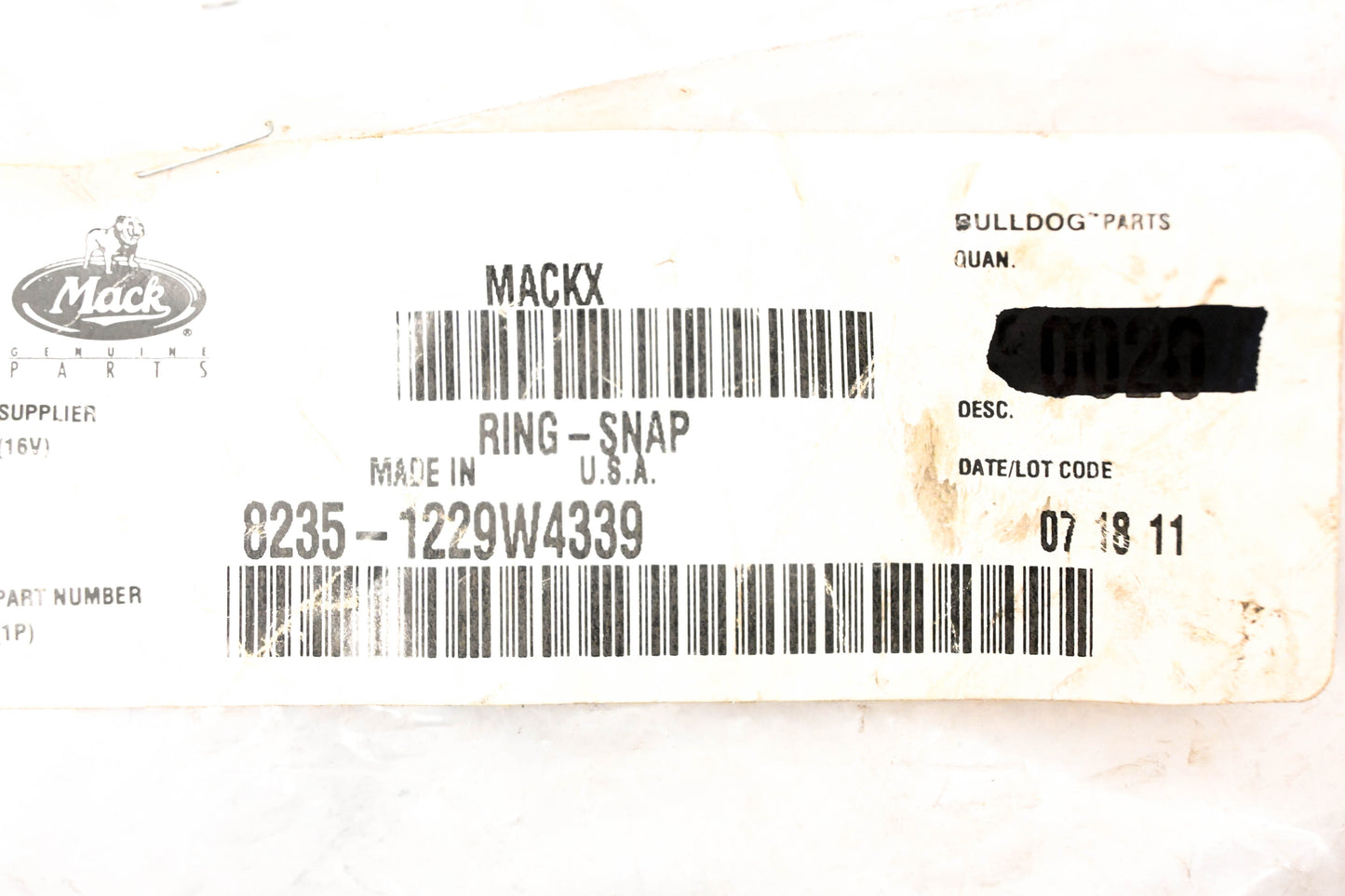 Mack 8235-1229W4339, 1229 W 4339 Meritor Snap Ring NOS