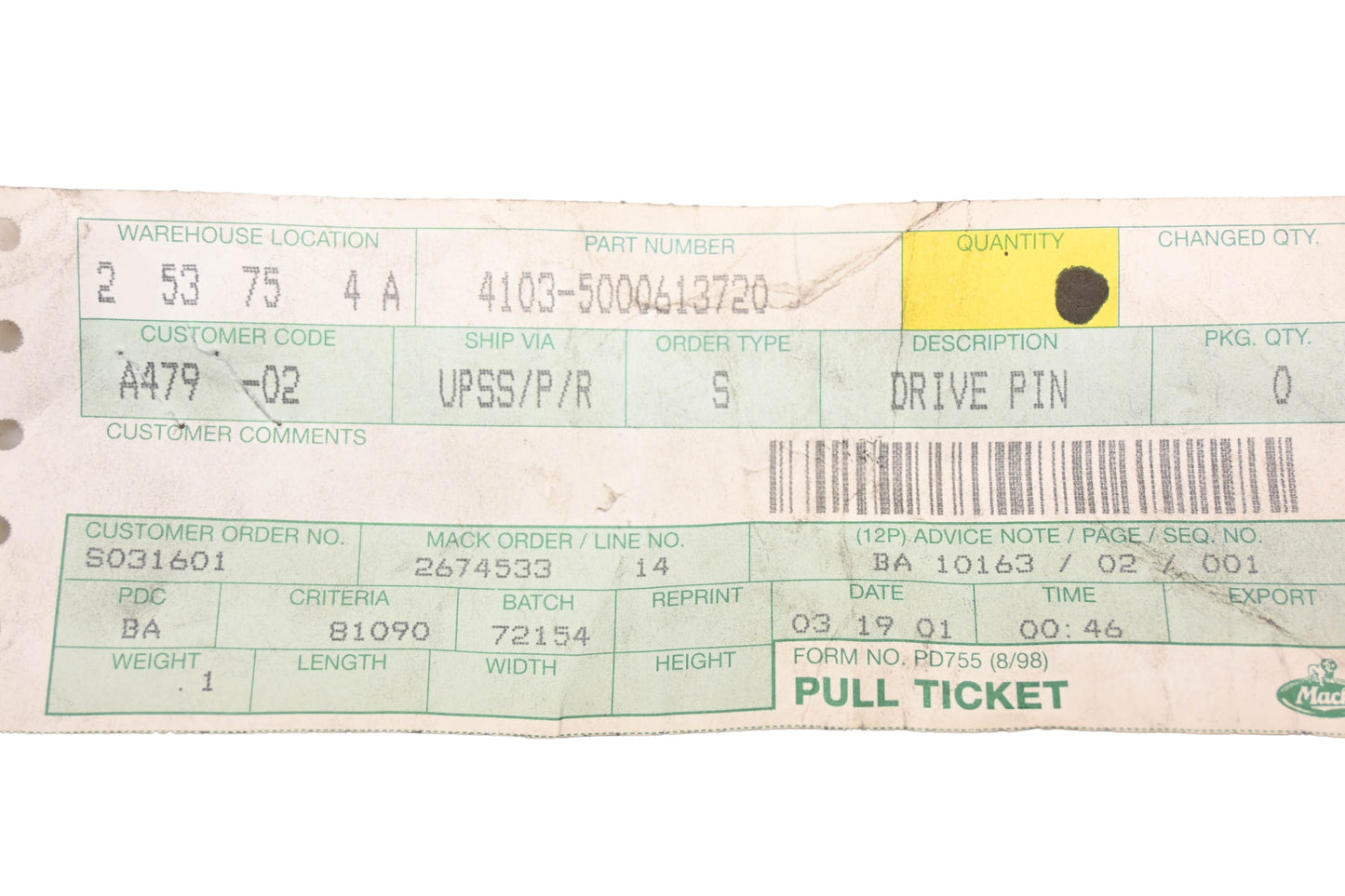 Mack 4103-5000613720, 5000613720 Renault Drive Pin NOS