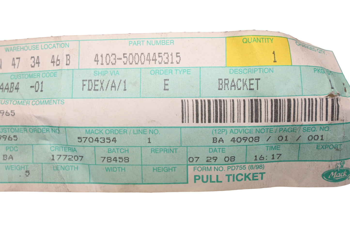 Mack 4103-5000445315, 5000445315 Renault Bracket NOS