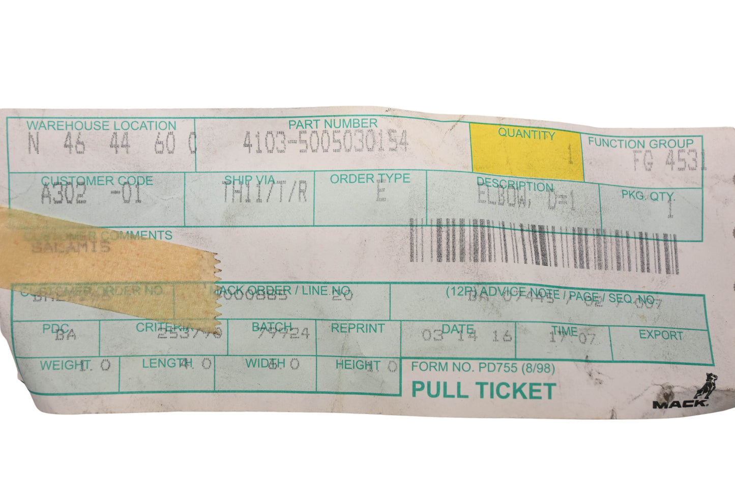 Mack 4103-5005030154, 5005030154 Renault Elbow Connector NOS