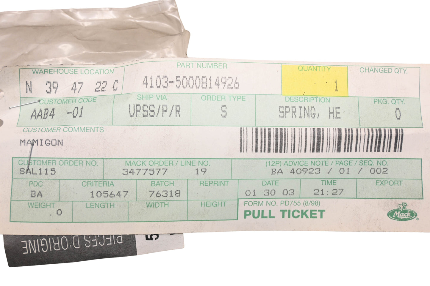 Mack 4103-5000814926, 5000814926 Renault Spring NOS
