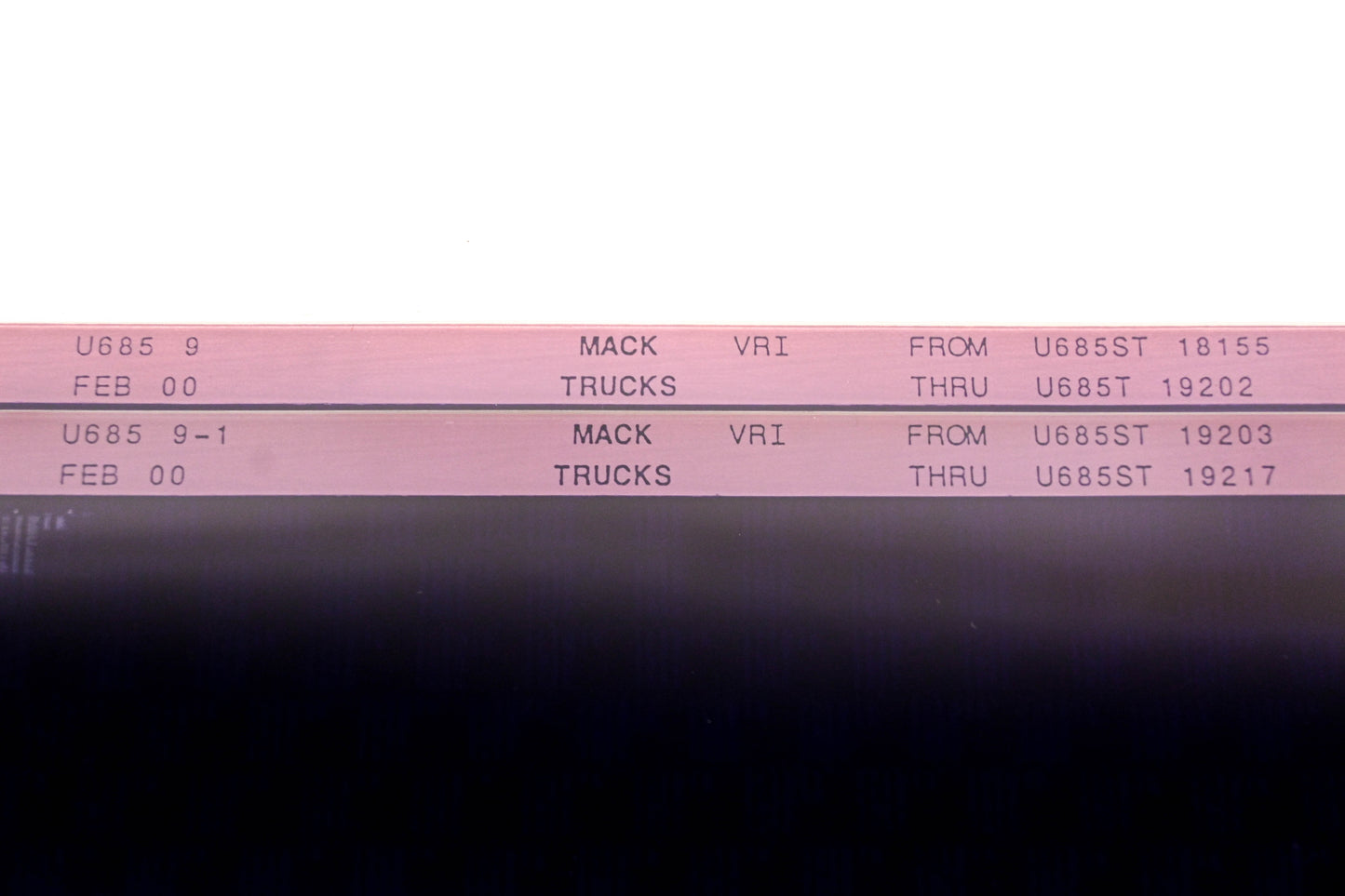 Mack U685 9, U685 9-1 U685ST18156 - U685ST19217 VRI Microfiche Lot of 2 NOS