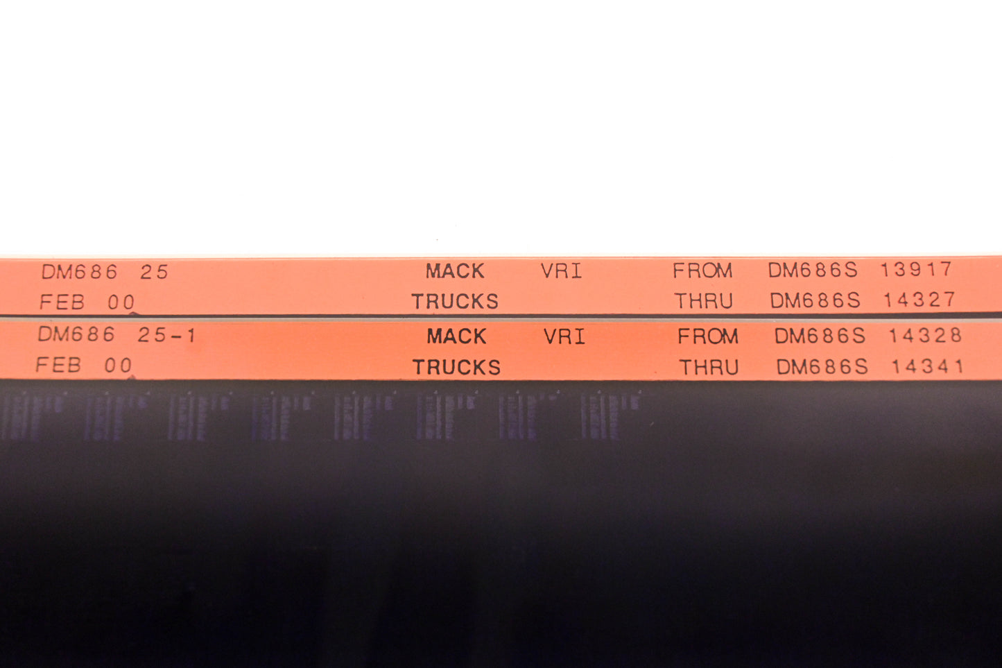 Mack DM686 25, DM686 25-1 DM686S13917 - DM686S14341 VRI Microfiche Lot of 2 NOS