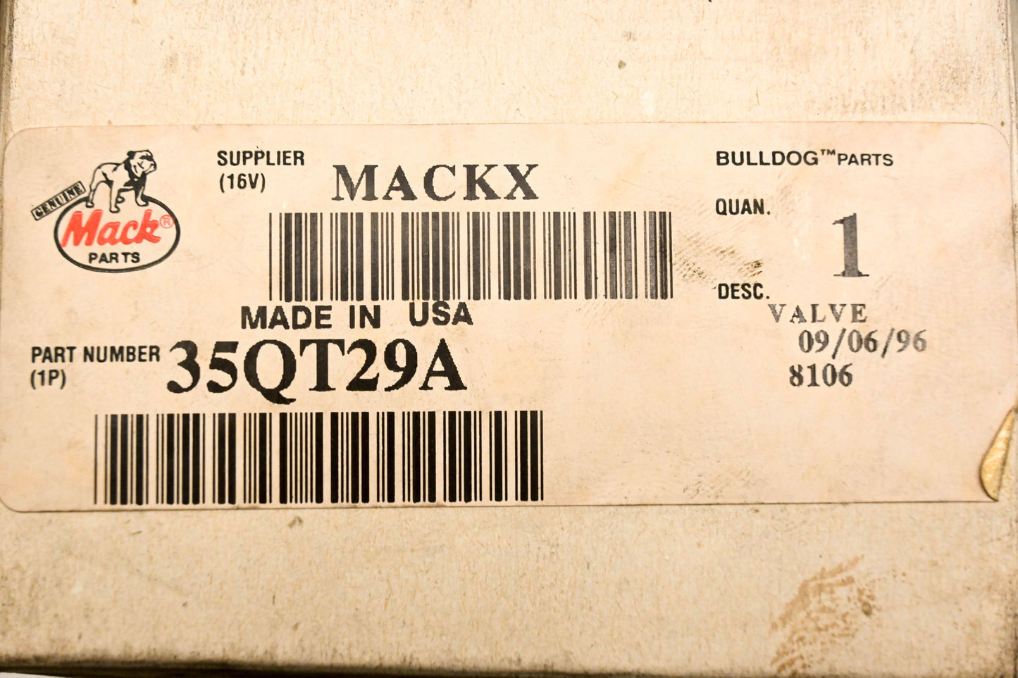 Mack 35QT29A Valve Assembly NOS