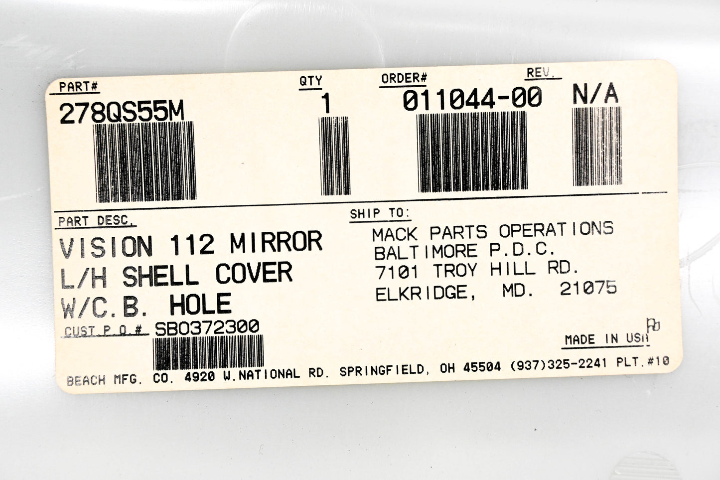 Mack 278QS55M Lefthand Mirror Shell Cover NOS