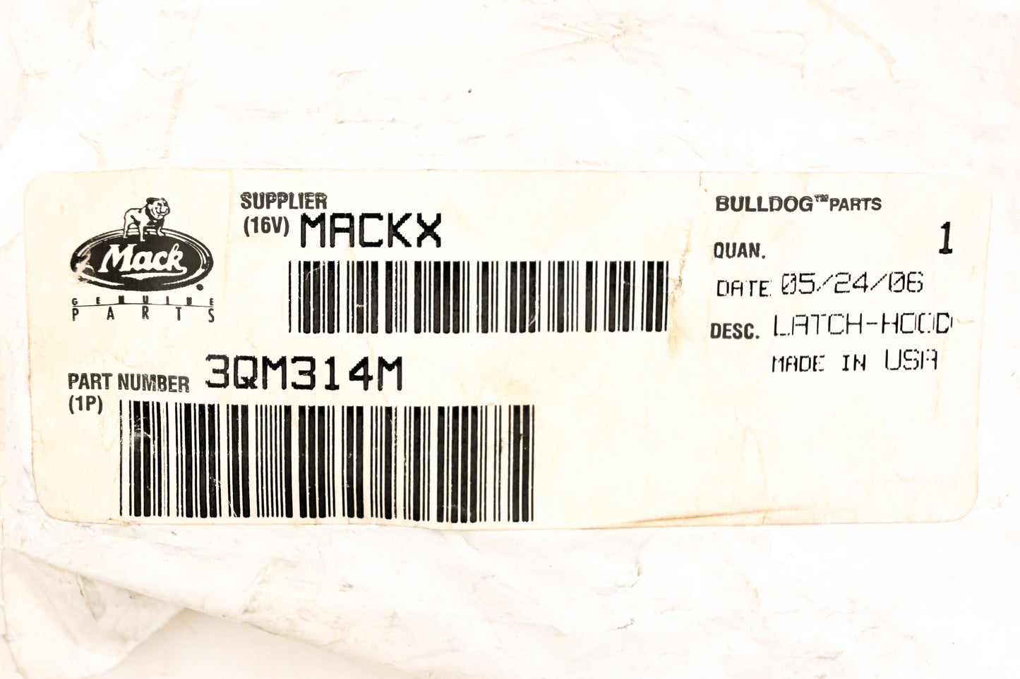 Mack 3QM314M Hood Latch Bracket NOS