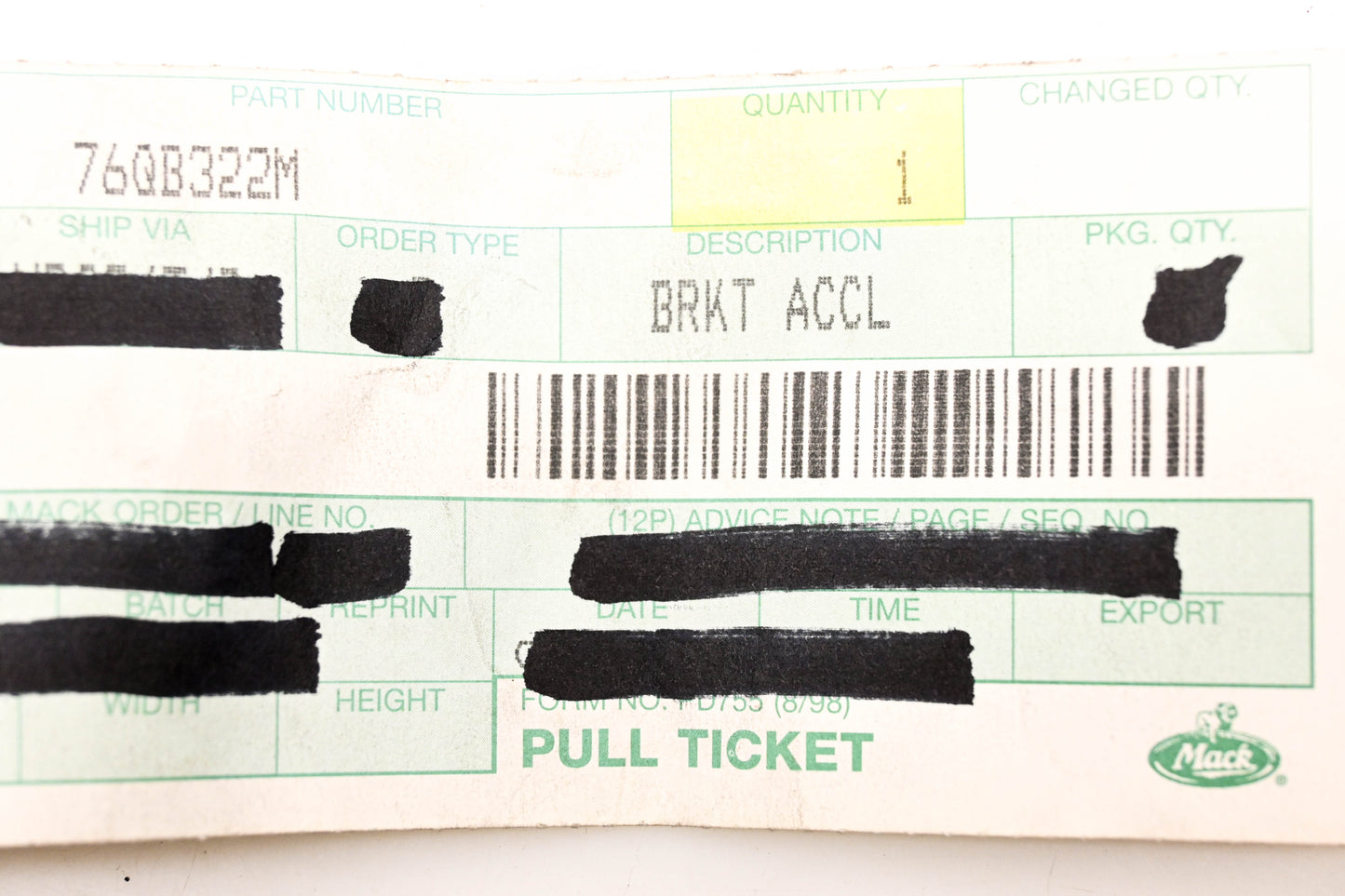 Mack 76QB322M Accelerator Bracket NOS