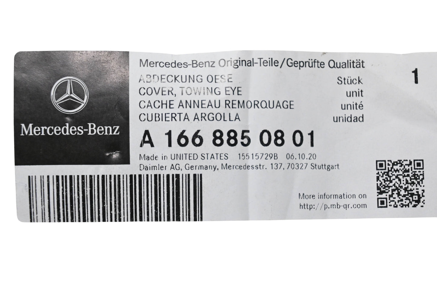 New OEM Mercedes-Benz 166 885 08 01 Towing Eye Cover NOS