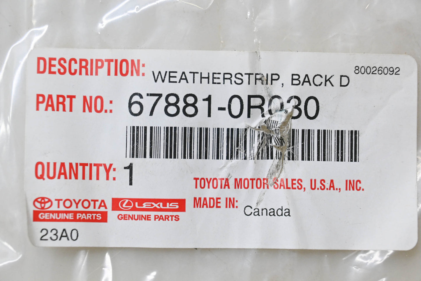 New OEM Toyota 67881-0R030 Back Weatherstrip NOS