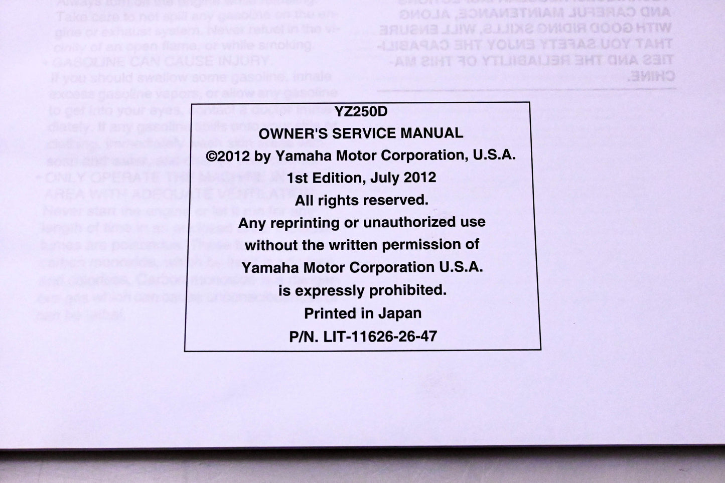 New OEM Yamaha LIT-11626-26-47 YZ250 2013 Owners Service Manual NOS