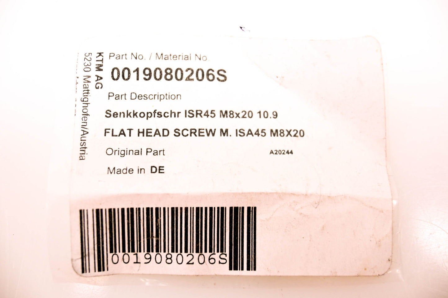 New OEM KTM 0019080206S Flat Head Screw NOS