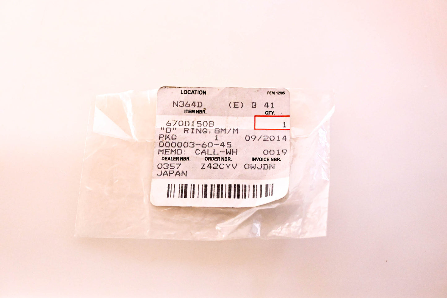 New OEM Kawasaki 670D1508 O-Ring NOS