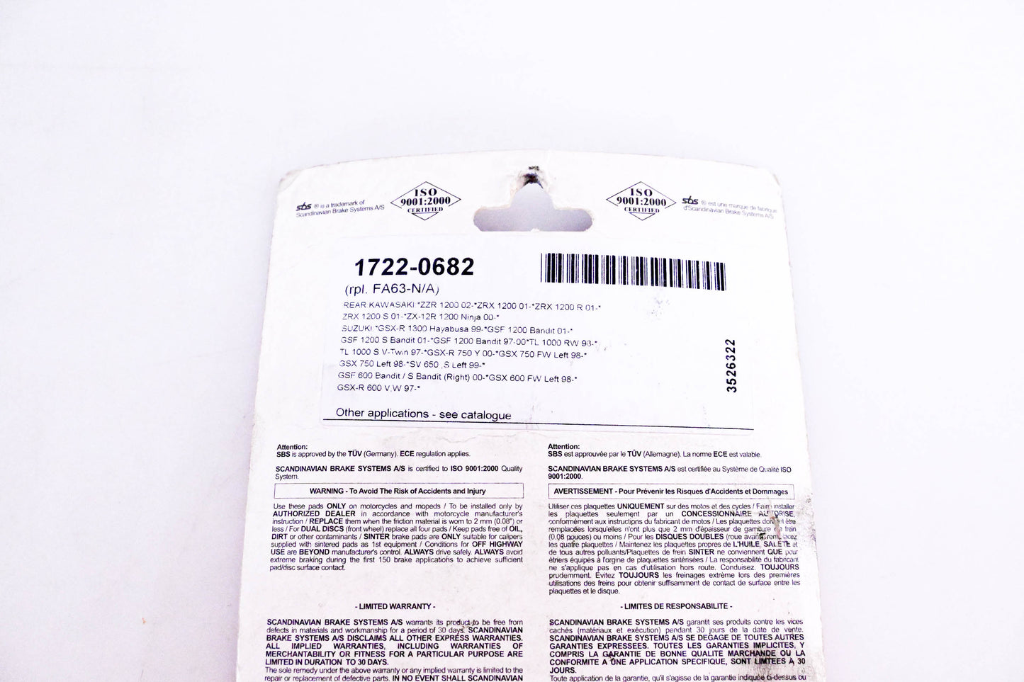 SBS 1722-0682, 3526322 Brake Pad Kit NOS