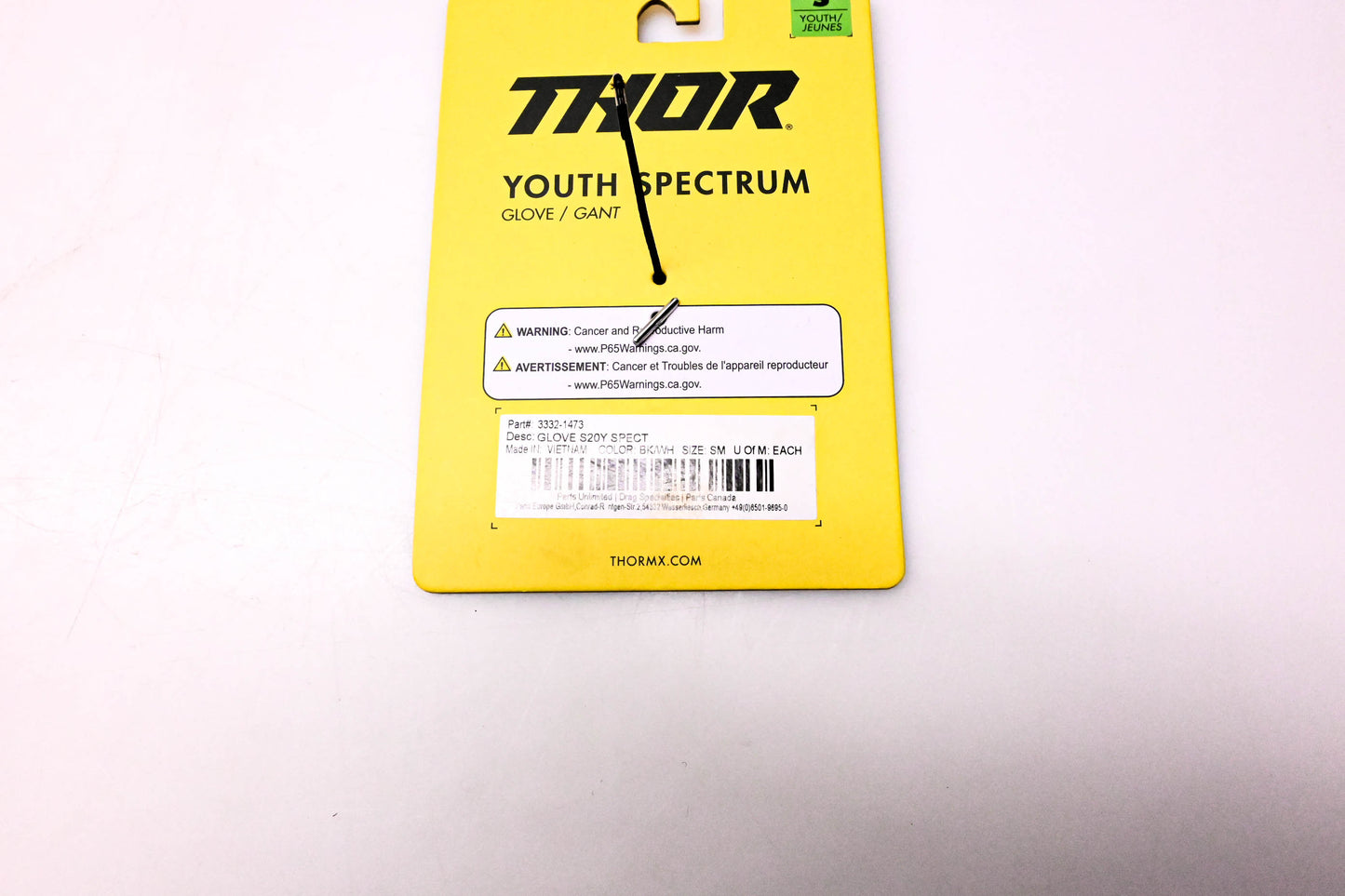 Thor 3332-1473 Pair of Youth Gloves Black & White SM NOS