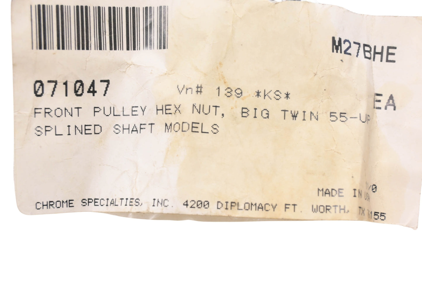 Chrome Specialties 071047, M27BHE Front Pulley Hex Nut NOS