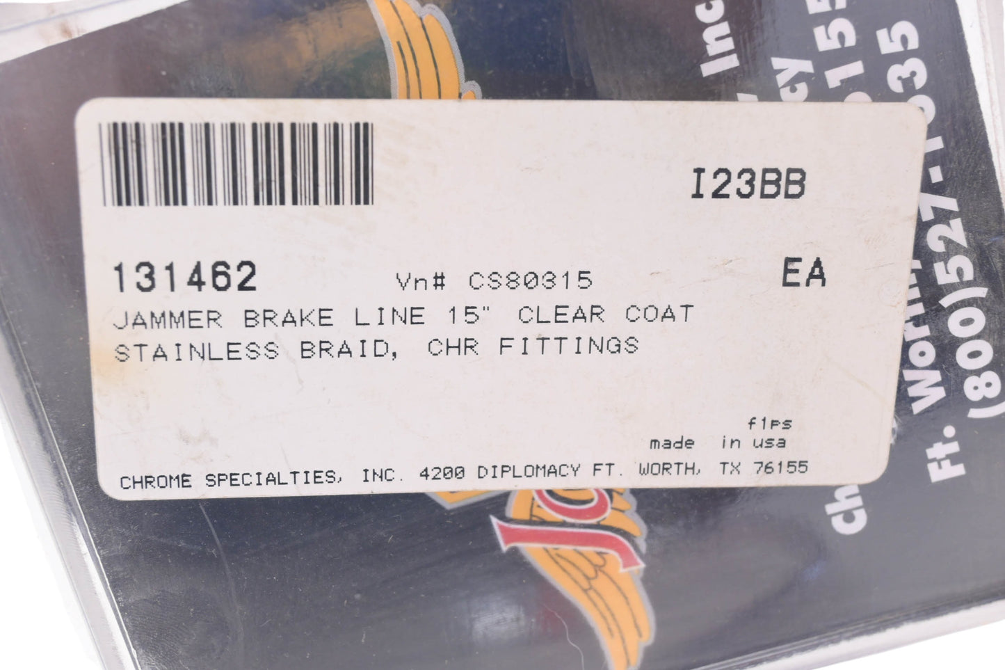 Chrome Specialties 131462, CS80315, I23BB Cycle Jammer 15'' Stainless Braided Brake Line NOS