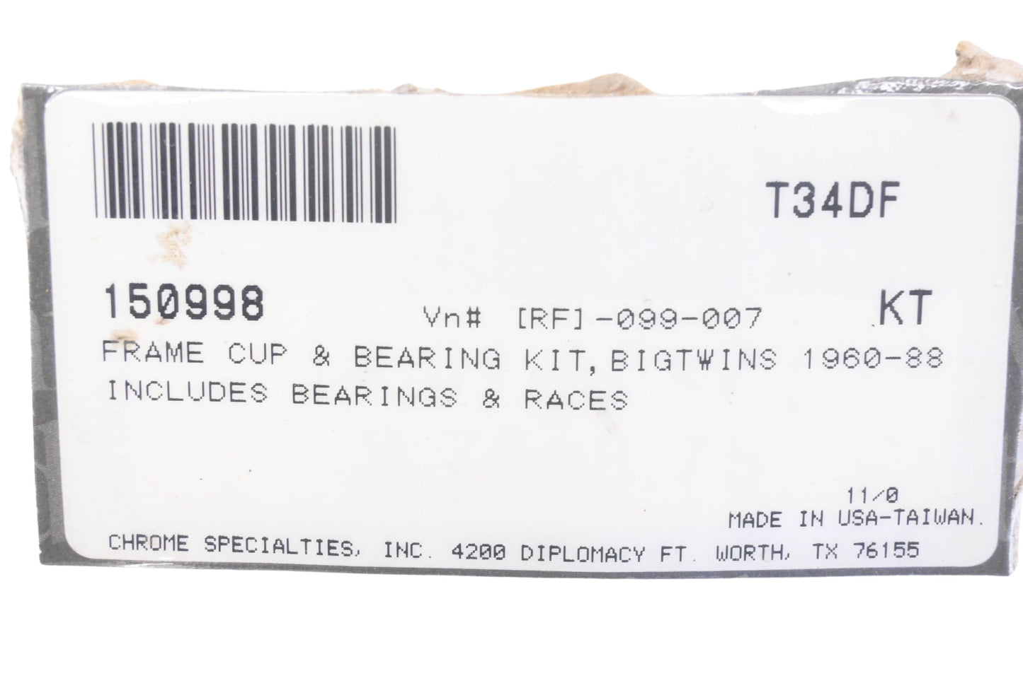 Chrome Specialties 150998, T34DF Frame Cup & Bearing Kit NOS