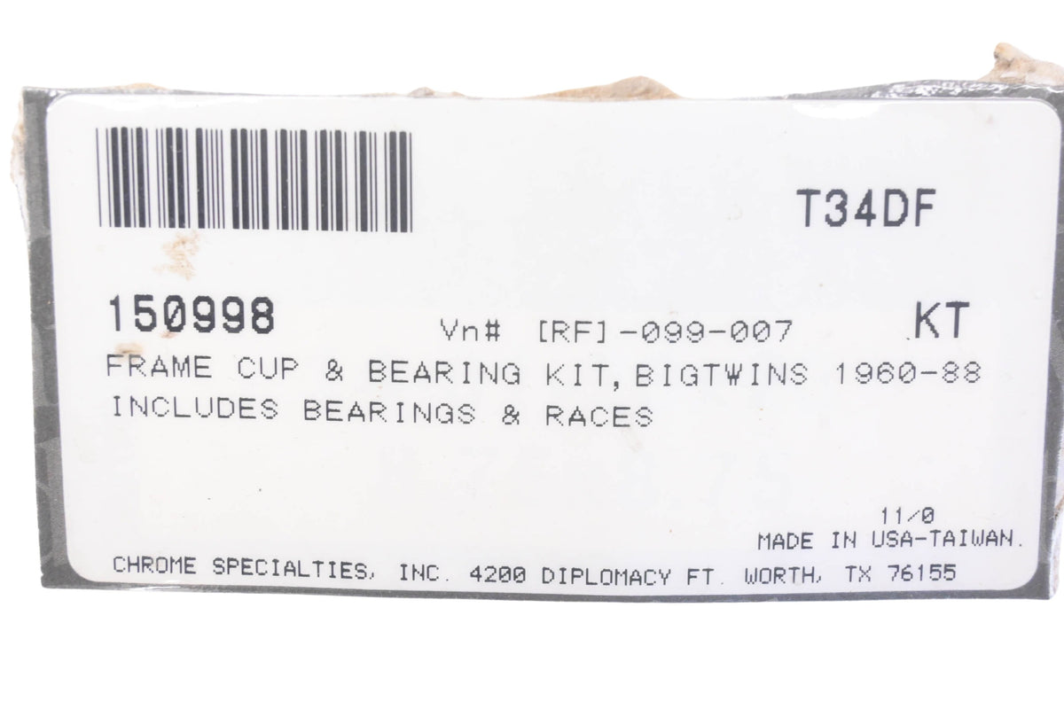 Chrome Specialties 150998, T34DF Frame Cup & Bearing Kit NOS