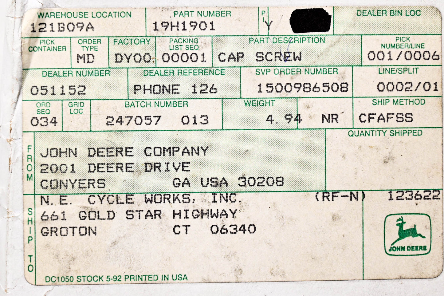 New OEM John Deere 19H1901 Cap Screw NOS