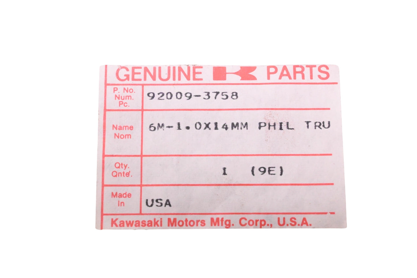 New OEM Kawasaki 92009-3758 Screw 6x14 NOS