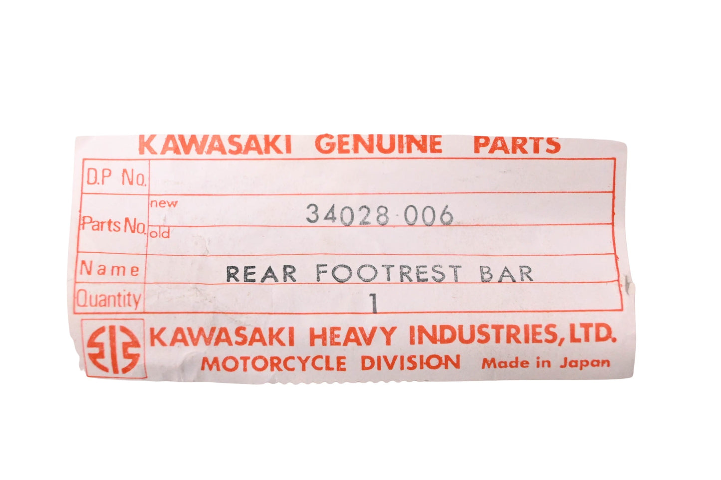 New OEM Kawasaki 34028-006 Rear Footrest Bar NOS