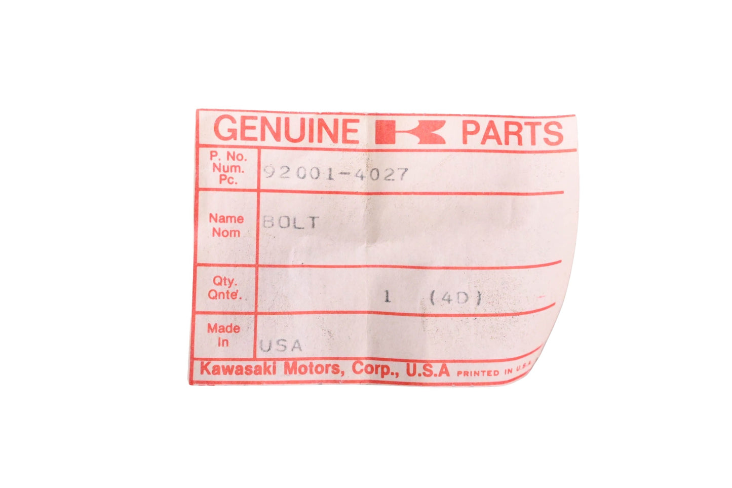 New OEM Kawasaki 92001-4027 Carrier Bolt NOS