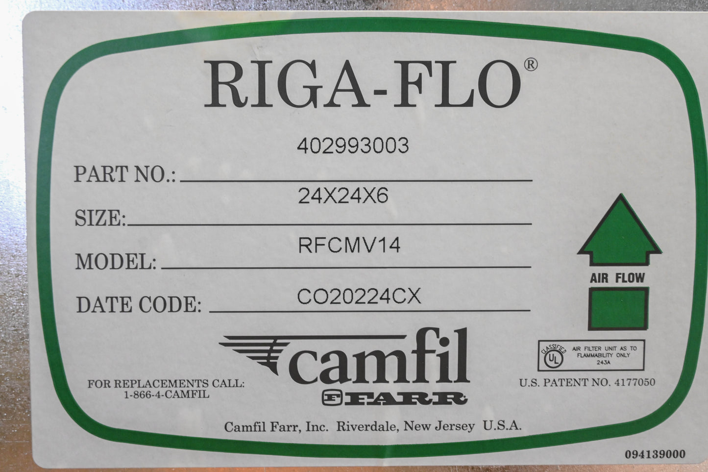 Camfil 402993003, RFCMV14 Riga-Flo Air Filter 24"x24"x6" NOS