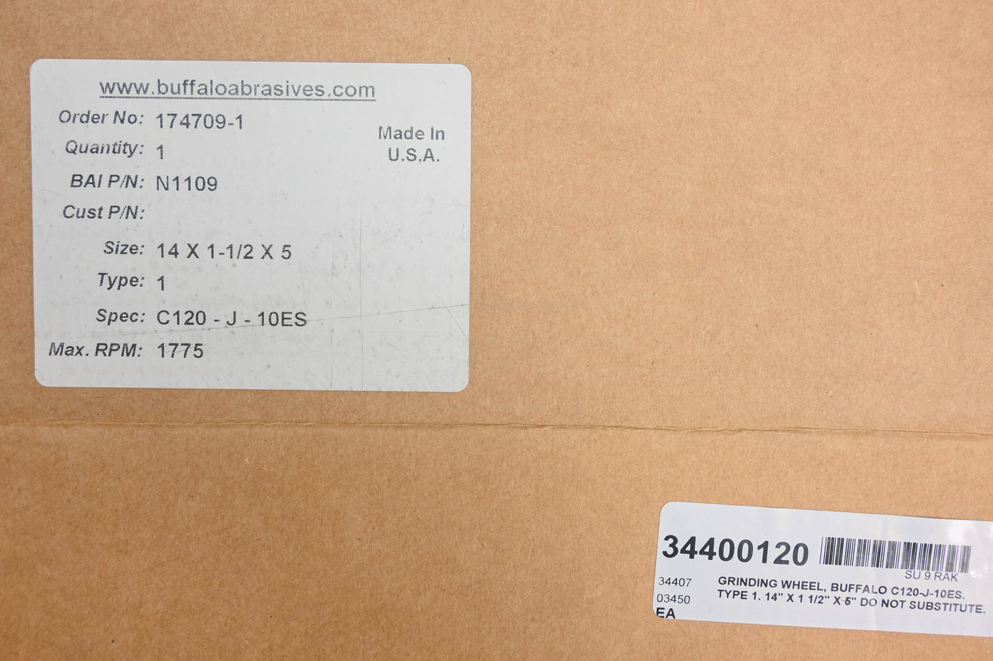 Buffalo Abrasives N1109, 34400120, 174709-1 C120-J-10ES Grinding Wheel 14"x1-1/2"x5" NOS