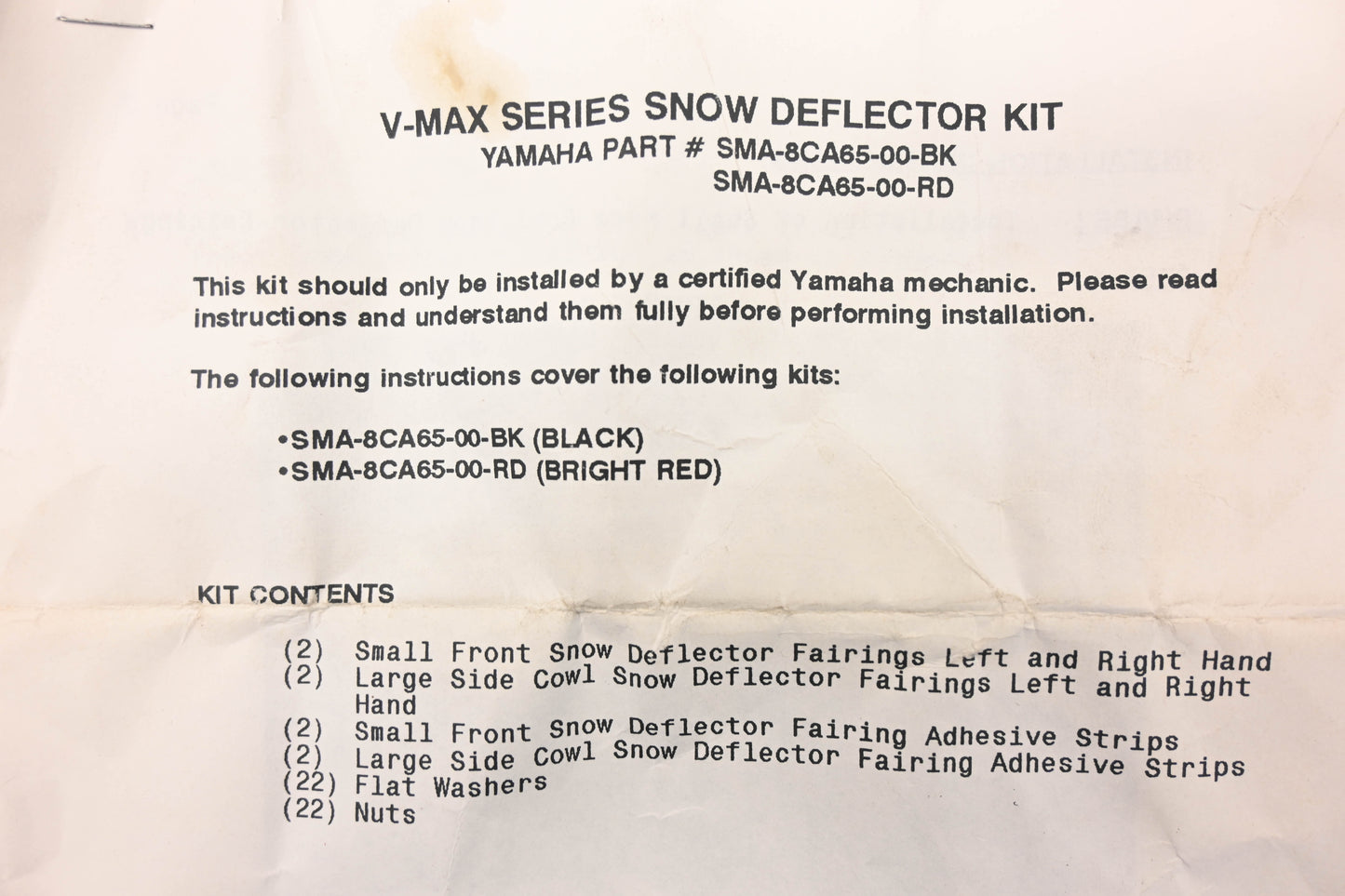 New OEM Yamaha SMA-8CA65-00-BK, SMA8CA6500BK Black Snow Deflector Kit NOS