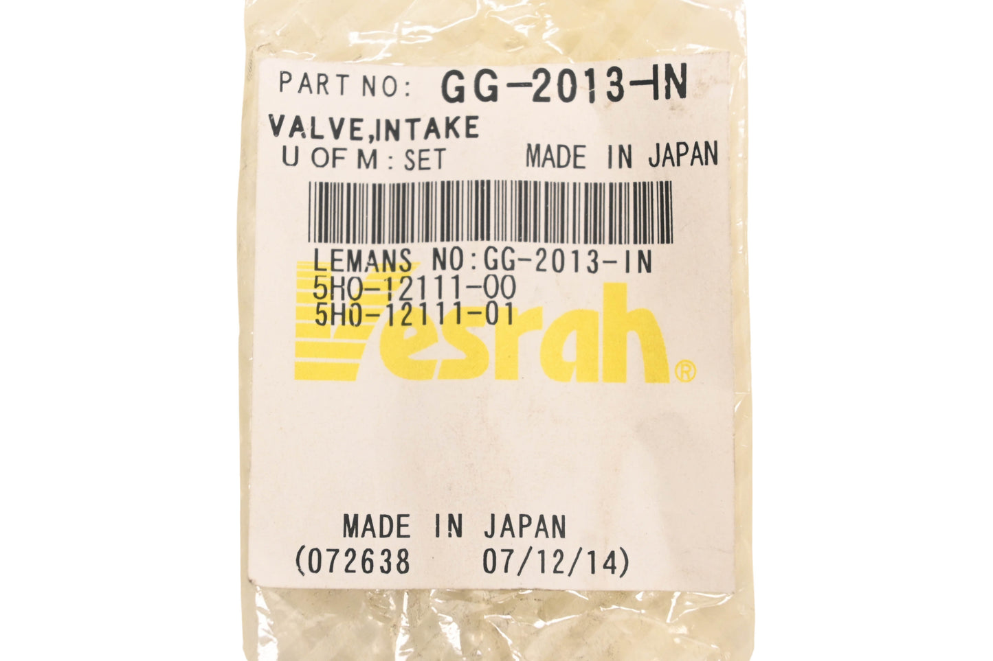 Vesrah GG-2013-IN, 5H0-12111-00-00, 5H0-12111-01-00 Yamaha Intake Valve NOS