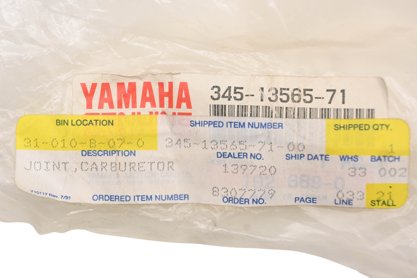 New OEM Yamaha 345-13565-71-00 Carburetor Intake Manifold Joint NOS