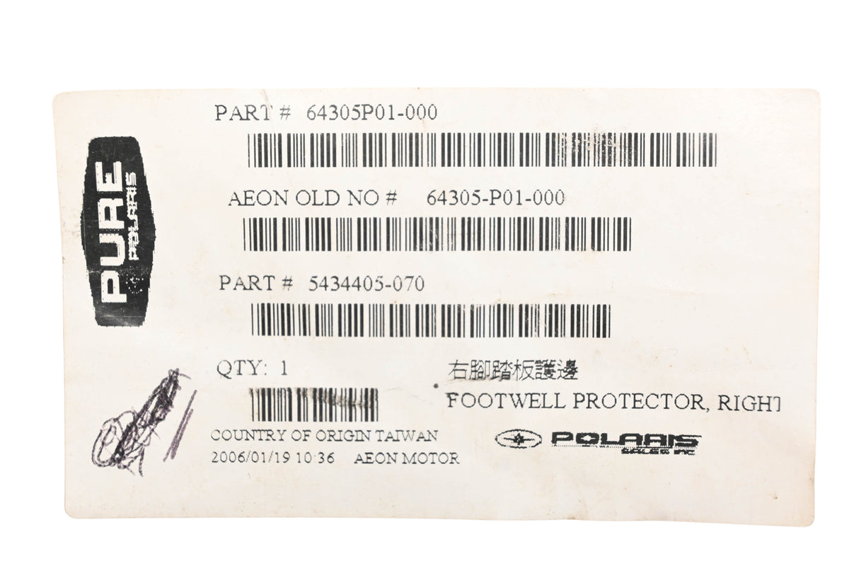 New OEM Polaris 5434405-070, 64305-P01-000, 64305P01-000 Right Footwell Protector NOS
