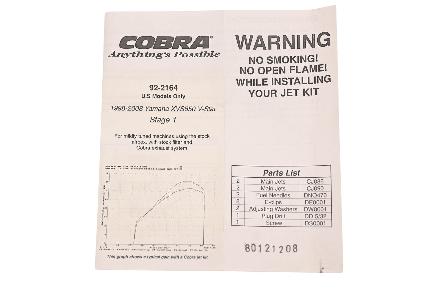 Cobra 92-2164, 087649 1998-08 Yamaha XVS650 Vstar Stage 1 Jet Kit NOS