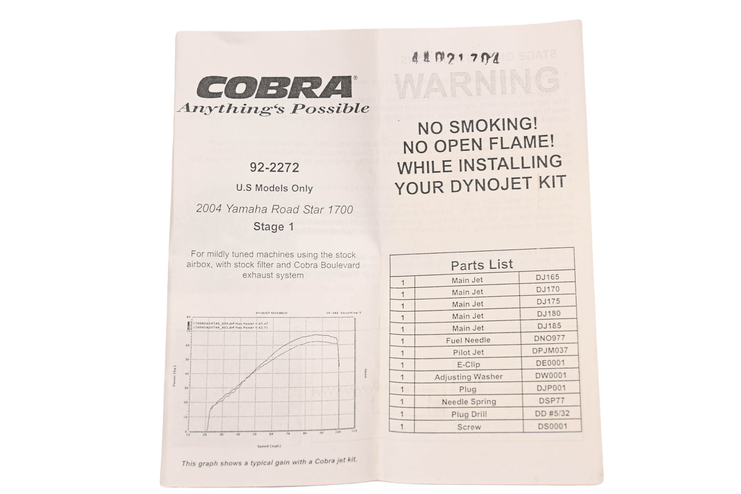 Cobra 92-2272 2004 Yamaha Roadstar 1700 Stage 1 Jet Kit NOS