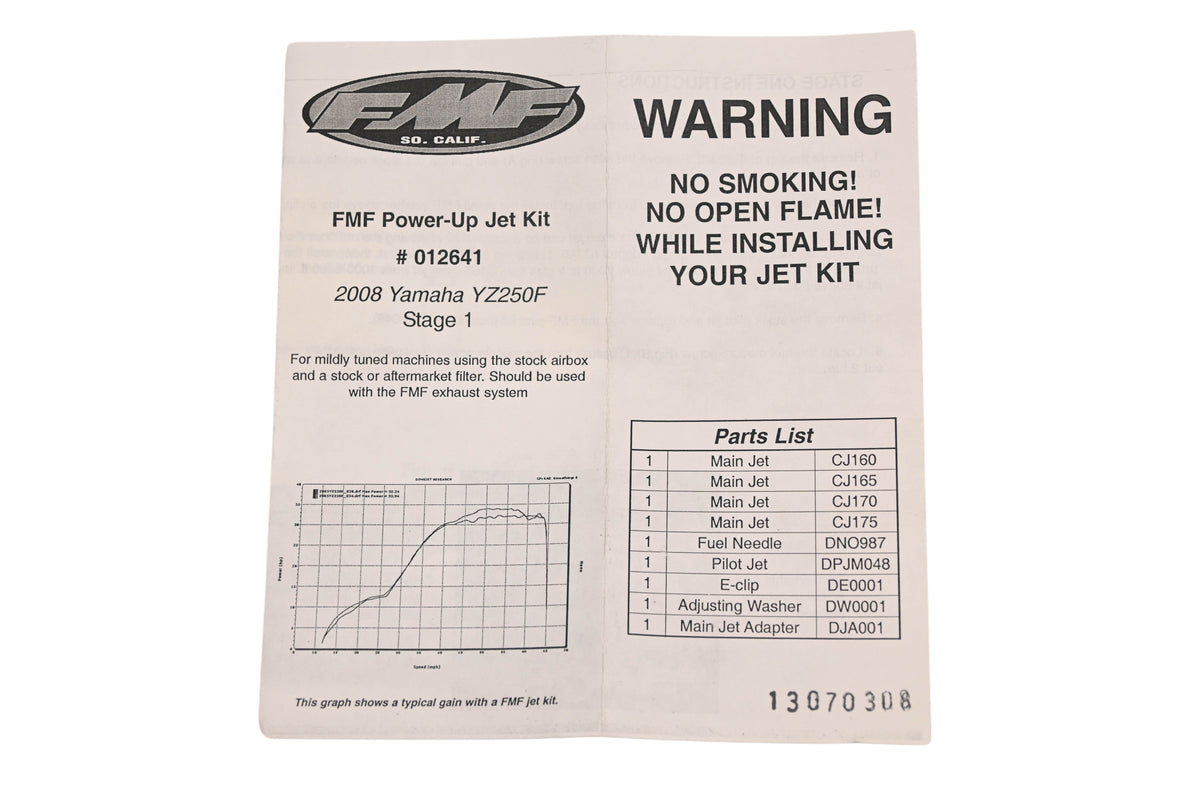 FMF 012641, 274373 2008 Yamaha YZ250F Stage 1 Power-Up Jet Kit NOS