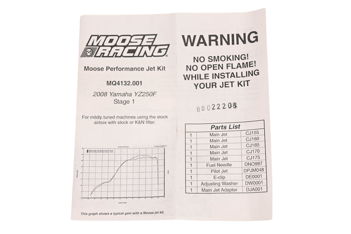 Moose Racing MQ4132.001, 1007-0310, MQ4132 2008 Yamaha YZ250F Stage 1 Performance Jet Kit NOS