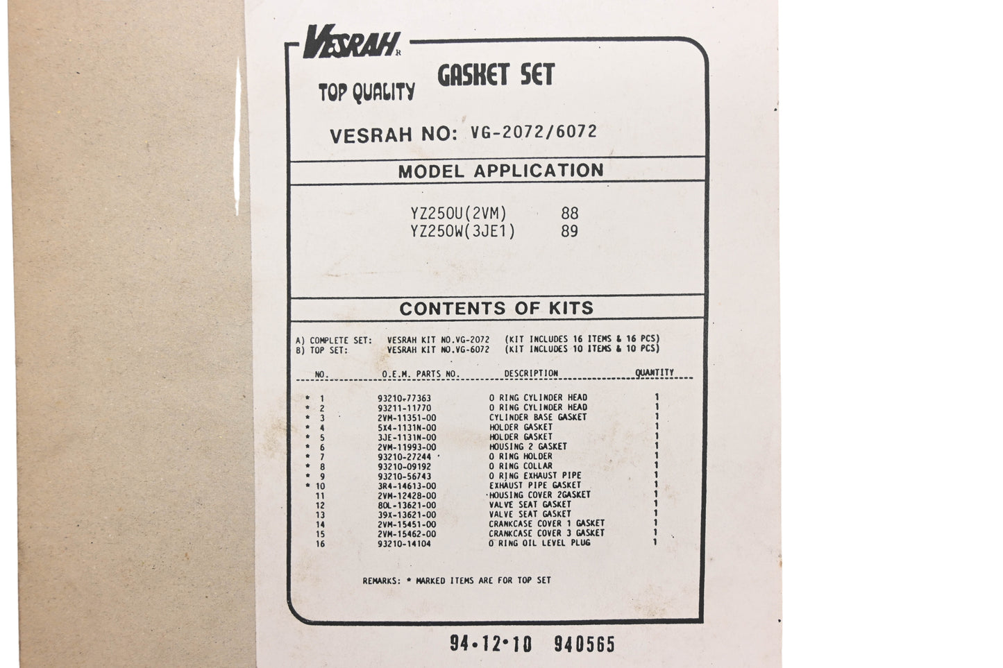 Vesrah VG-2072, VG-6072 Gasket & Seal Kit NOS