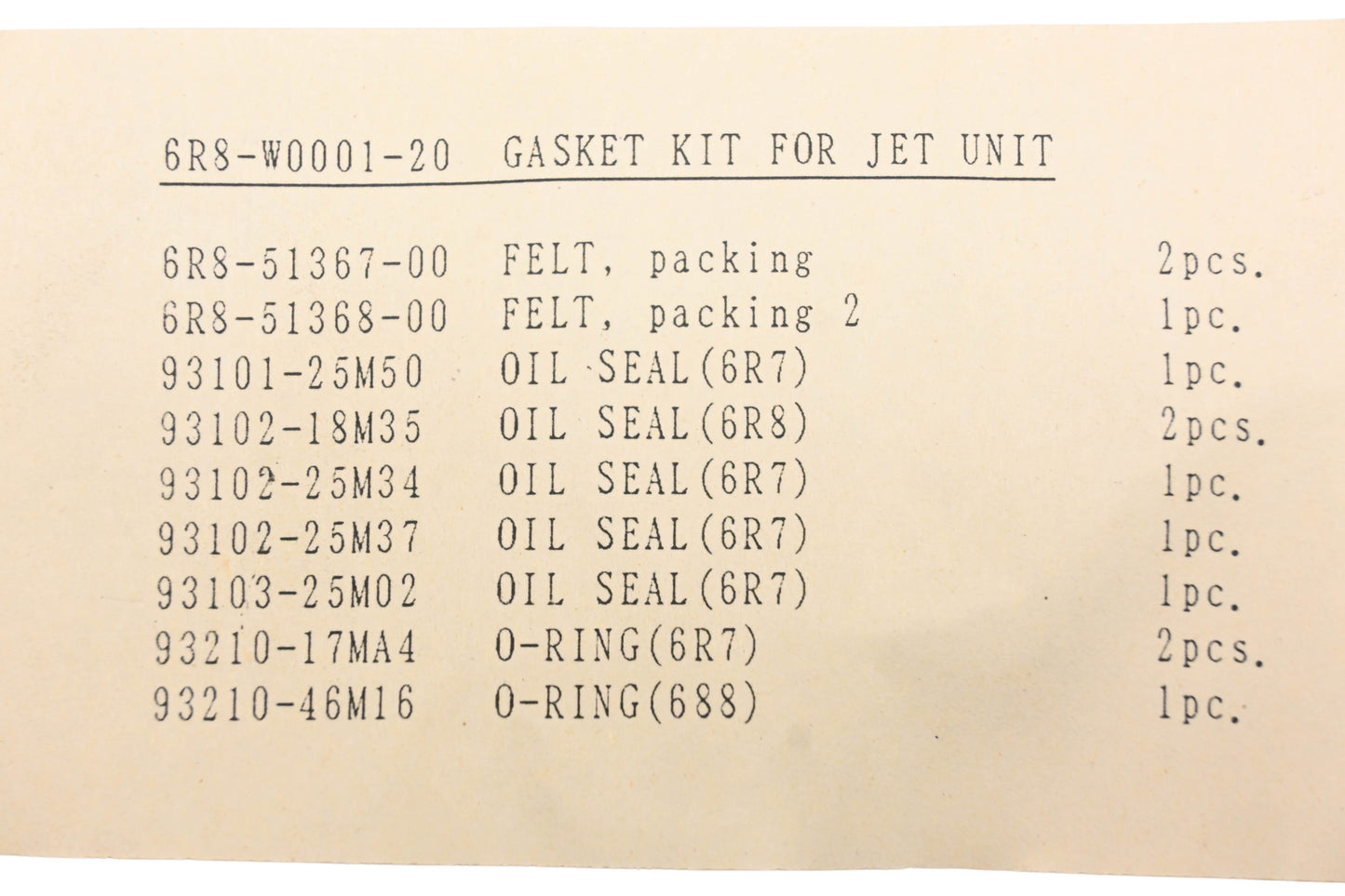 New OEM Yamaha 6R8-W0001-20-00 Jet Unit Gasket & Seal Kit NOS