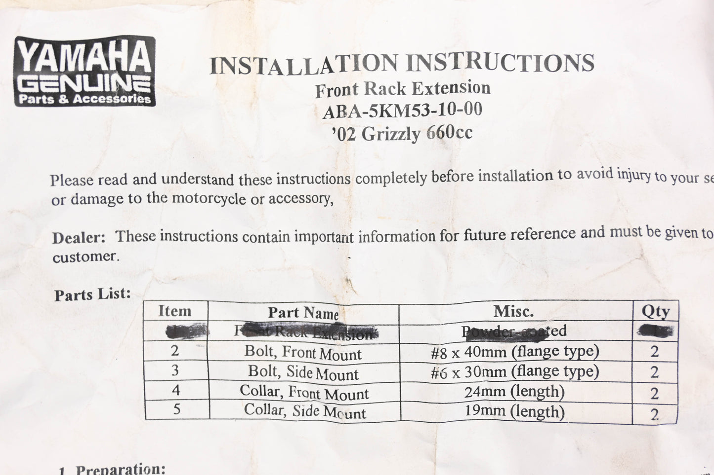 New OEM Yamaha ABA-5KM53-10-00 Front Rack Extension Hardware Kit NOS