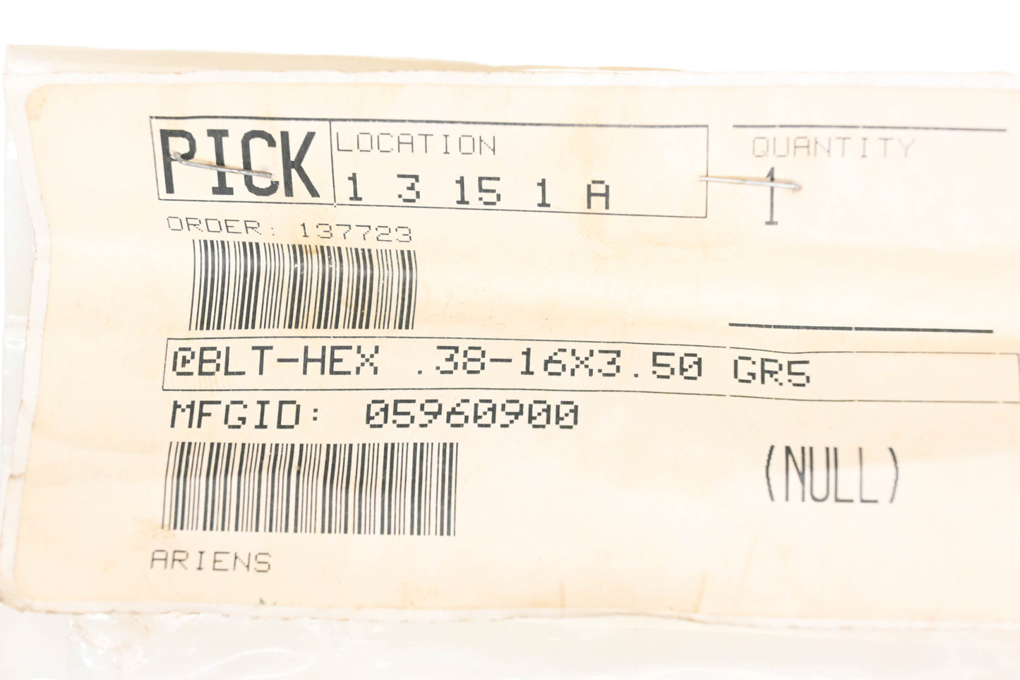 Ariens 05960900, 59609 Hex Cap Bolt NOS