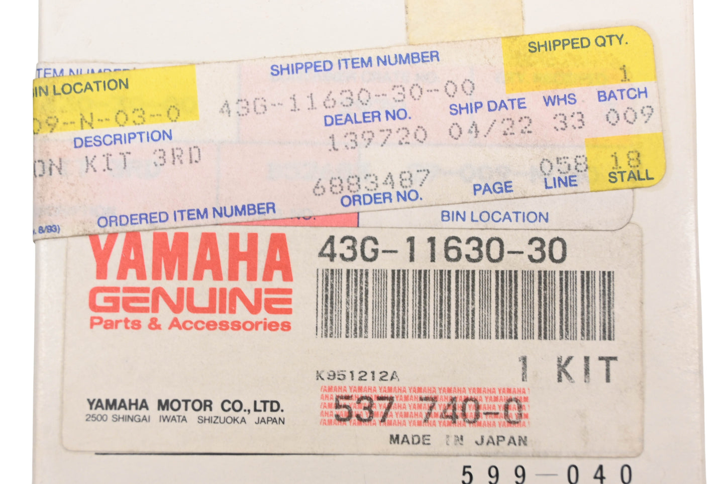 New OEM Yamaha 43G-11630-30-00 Piston Kit NOS
